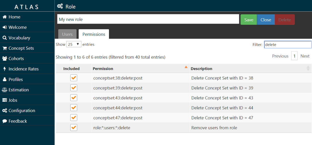  Role page, Permissions tab